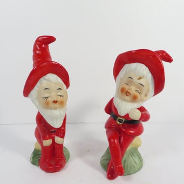 Vintage Christmas Elves - Set of 2 Red Ceramic Christmas Elves 