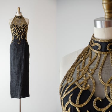 black formal dress | 80s 90s vintage Stenay black silk beaded high choker collar sleeveless evening gown 