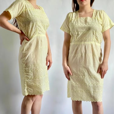 Pale Yellow Dress with Lace 1950's Medium 