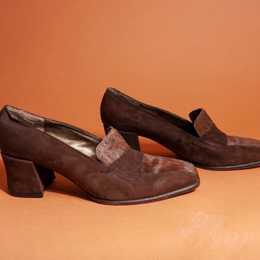 80s Chocolate Brown Velvet Calf Hair Loafers Vintage Chunky Heel Slip on Loafers 