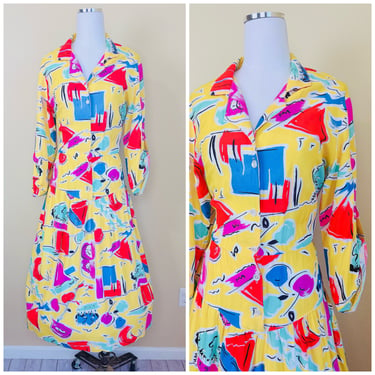 1980s Vintage Rayon Rothschild Yellow Novelty Dress / 80s / Rainbow Beach Shirt Dress / Size Large 