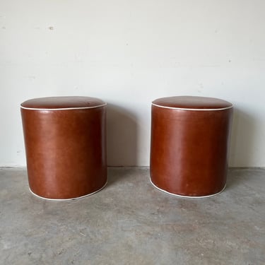 Vintage Brown Leather Round Ottomans - a Pair 
