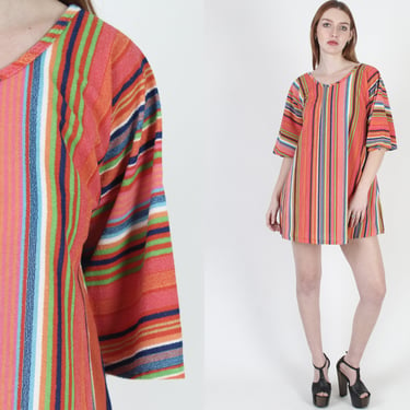 Womens Terry Cloth Beach Dress / 70s Rainbow Striped Micro Mini / Pool Vacation Cover Up Tunic 