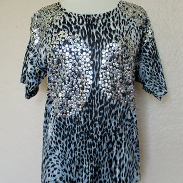 Vintage Lina Lee T-Shirt Top, Medium Women, black gray animal print, sequin design 