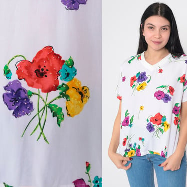 Floral T-Shirt 90s Beaded V Neck T Shirt Flower Bouquet Allover Print Graphic Tee V-neck TShirt Hippie Vintage 1990s Carole Little Small S 