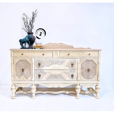 Jacobean Sideboard Antique Old World Cabinet. Painted China Buffet. Dining or Living Room Storage Hutch. 