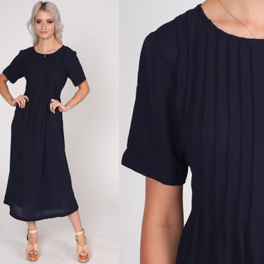 Navy Blue Dress 90s Midi Dress Pleated Short Sleeve Button Back Day Dress Simple Basic Plain Minimalist Vintage 1990s Liz Claiborne Medium M 