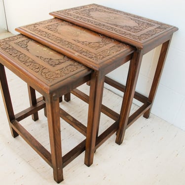 Set of 3 Teak Rosewood Nesting Brass Inlay Tables from India 