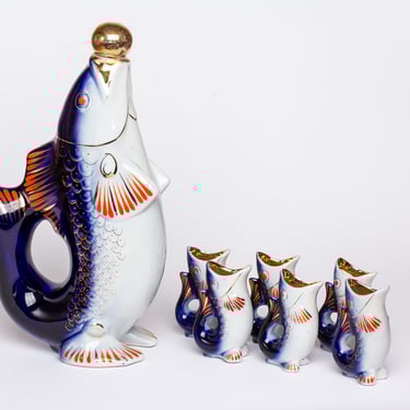 Fish Decanter Ukrainian Drinking Set Porcelain fish Carafe Vodka Whiskey Shot Glasses Christmas gift for him couple Vintage barware 
