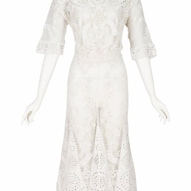 1910s Antique Edwardian White Irish Crochet Lace Tea Gown Sz M 