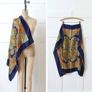 vintage oversized 34 inch silk scarf • bright paisley pattern on navy blue • versatile big square scarf 