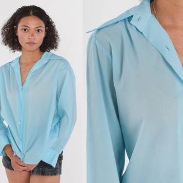Blue Blouse 70s Disco Top Semi-Sheer Button Up Shirt Dagger Collar Long Sleeve Seventies Spring Plain Preppy Blouse Vintage 1970s Medium 