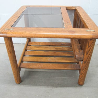 Vintage Oak End Table with Magazine Rack and Glass Top 