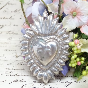 Antique Sterling Silver Grace Received Ex Voto, Sacred Heart of Jesus, Vintage Religious Milagro 