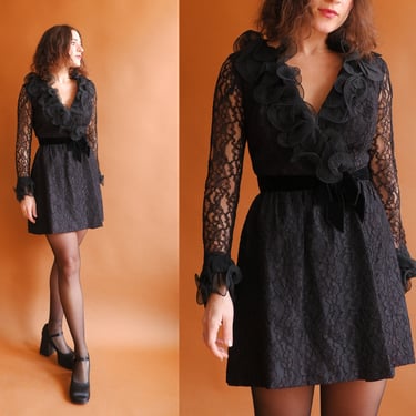 Vintage 60s Black Lace and Ruffle Mini Dress/ 1960s Long Sleeve Party Dress/ Size XS 24 