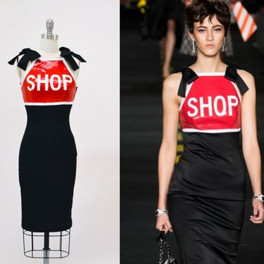 Vintage Moschino Couture Stop Shop Sign Red Black Sequin Tank Dress Size XXS XS Vintage Red Sequin Pop Art Dress Paris Hilton Moschino 