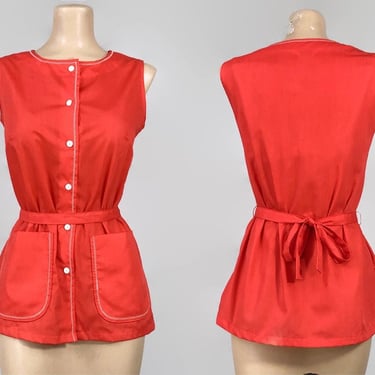 VINTAGE 70s Red Tie Waist Smock Blouse by Ship'n Shore | 1970s Crisp Red Button Front Tunic Top With Hip Pockets | vfg 