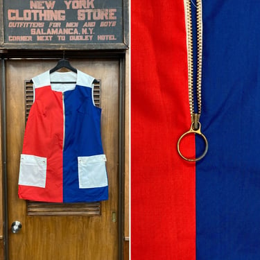 Vintage 1960’s Color Block Tri-Tone Mod Go Go Glam Zip Mini Dress, Mod Dress, 1960’s, Go Go, Tri Tone, Color Block, Red White & Blue, 