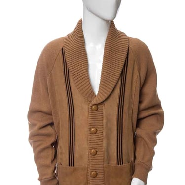 1970's Mk Today Brown Wool & Suede Button Down Cardigan Size L