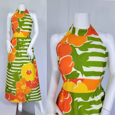 Malia 1960's Orange Green Floral Stripe Long Cotton Hawaiian Maxi Dress I Sz Lrg I MCM 
