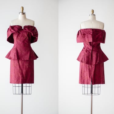 off shoulder dress | 80s 90s vintage burgundy brocade dramatic strapless peplum cocktail party mini dress 