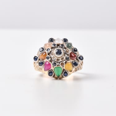 8K Gold Multi-Stone Mughal Indian Harem Princess Ring, Yellow Citrine, Ruby, and Blue Sapphires, Size 8 1/4 