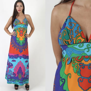 Tori Richards Honolulu Bright Neon Print Maxi Dress, 70s Vintage Spaghetti Strap Hawaiian Gown, Designer Resortwear Sundress 