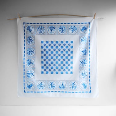 Vintage Blue and White Dutch Motif Linen Tablecloth 40" x 40", Delft Style Table Linens 