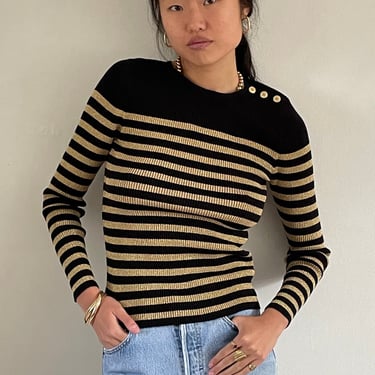 NWT Ralph Lauren striped sweater / vintage black gold nautical stripe St James cotton ribbed knit shoulder button holiday sweater | M NWT 