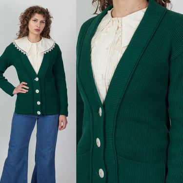 50s 60s Emerald Green Wool Knit Cardigan - Medium | Vintage Button Up V Neck Plain Sweater 