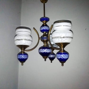 Vintage Ceiling Lamp / Three Bulbs Chandelier / Porcelain And Metal Ceiling Light/ Lightning/ Hanging Lamp/ Pendant Light / 70s / Yugoslavia 