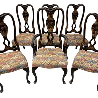Antique Chinoiserie Paint Decorated Dining Chairs - Set of 6 
