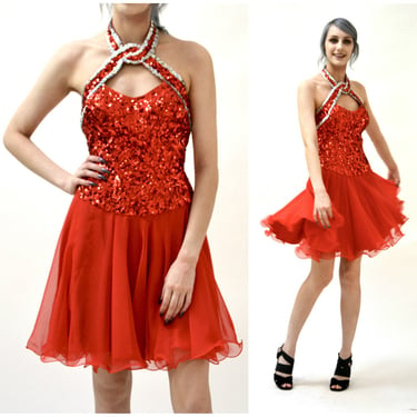 Vintage 80s Prom Party Dress Red Sequin Dress Size XS | Hooked on Honey |  Boca Raton, FL