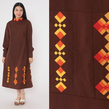 70s Geometric Mod Dress Midi Dress Brown Quilting 60s Boho Hippie Brown Shift Dress Long Sleeve Mock Neck Orange Vintage 1970s Twiggy Medium 