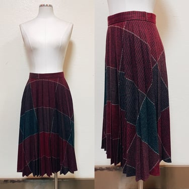 1970s Wool Blend Plaid Accordion Pleated Skirt 26" Waist in Burgundy & Gray | Vintage, 1950s, 1960s, Retro, School Girl, Punk, Rockabilly 