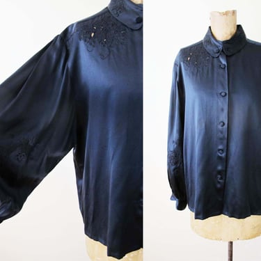 Vintage 70s Pierre Cardin Black Silk Blouse M L  - 1970s Wide Poet Sleeve Romantic Top - High Neck Victorian Style Blouse Cutout Long Sleeve 