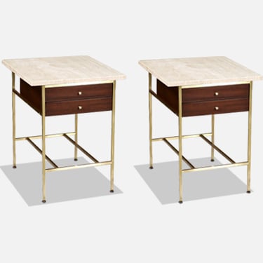 Paul McCobb "Irwin Collection" Travertine & Brass Night Stands for Calvin Furniture
