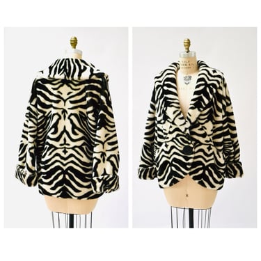 80s 90s GLAM Vintage Faux Fur Jacket Zebra Stripes Jacket Coat Size LARGE // Vintage Zebra Print Jacket Black and White by Apparence Paris 