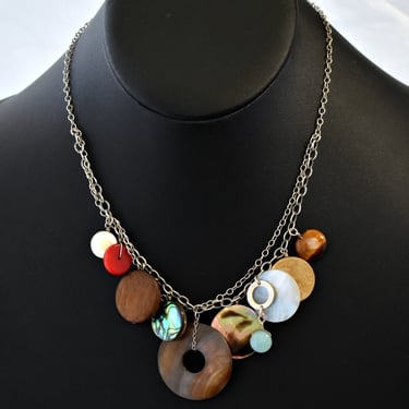 Mod 70's gemstone discs 925 silver necklace, asymmetrical sterling multi-stone double chain bib 