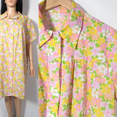 Vintage 70s Bright Floral Snap Front House Dress Size L 