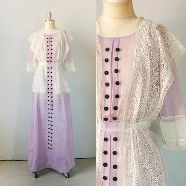 Edwardian Gown Antique Dress Semi-Sheer Lace XS 