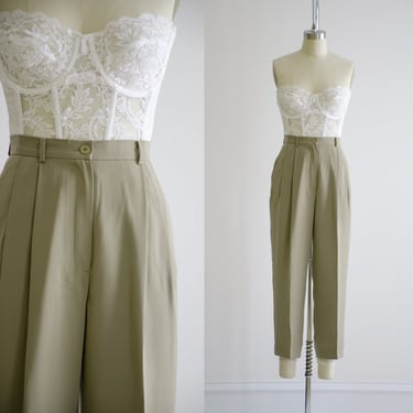 high waisted pants 90s vintage sage green pleated straight leg cropped ankle trousers 