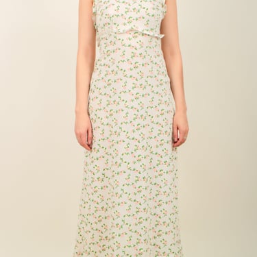 1970s white pink and green floral poly maxi halter dress
