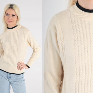 Cream Wool Sweater 90s Cable Knit Sweater Liz Claiborne Slouchy Ringer Crewneck Pullover Retro Normcore Cableknit 1990s Petite Small S 