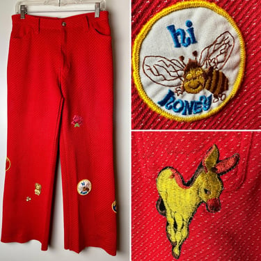 70’s Women’s Levi’s Bellbottoms ~ Red knit pants with Groovy original patches all over~ Retro 1960’s 1970’s fashion Sta-prest style/ 31” W 