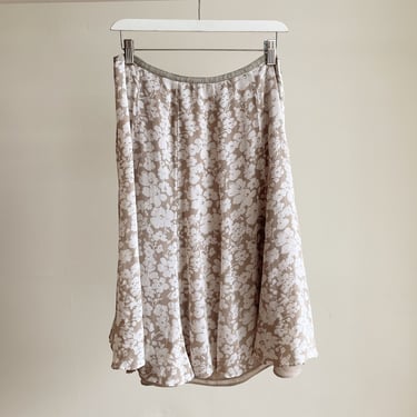 Tan Floral Silk Midi Skirt