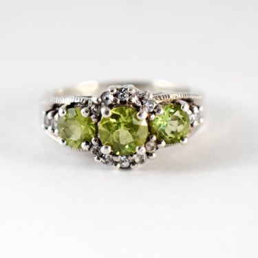 80's peridot white topaz sterling size 7 cocktail ring, ornate 925 silver multi-stone CRP Thailand bling statement ring 