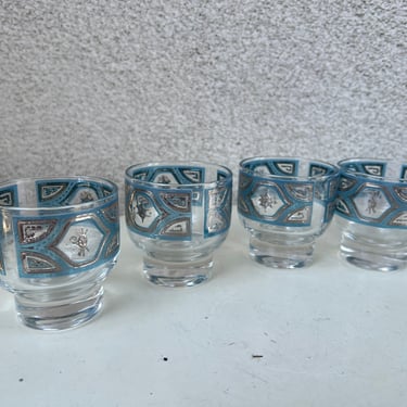 Vintage Culver glasses set 4 mini rock whisky glasses blue silver pattern CUV63 