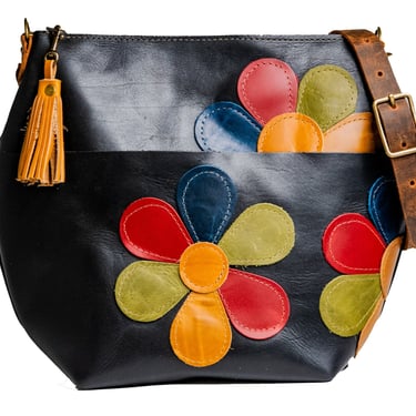 Limited Run Eco-Friendly Marie Leather Bag | Medium Curved Boho Style Black With Tassel | Flower Power Black 