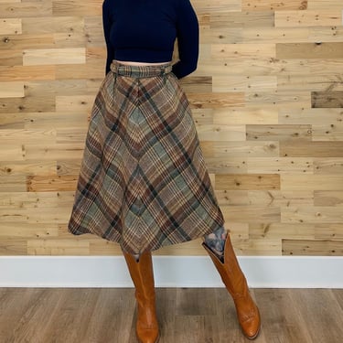 60's Vintage Wool Knit Plaid Tartan High Rise Midi Skirt / Size 24 25 XS 